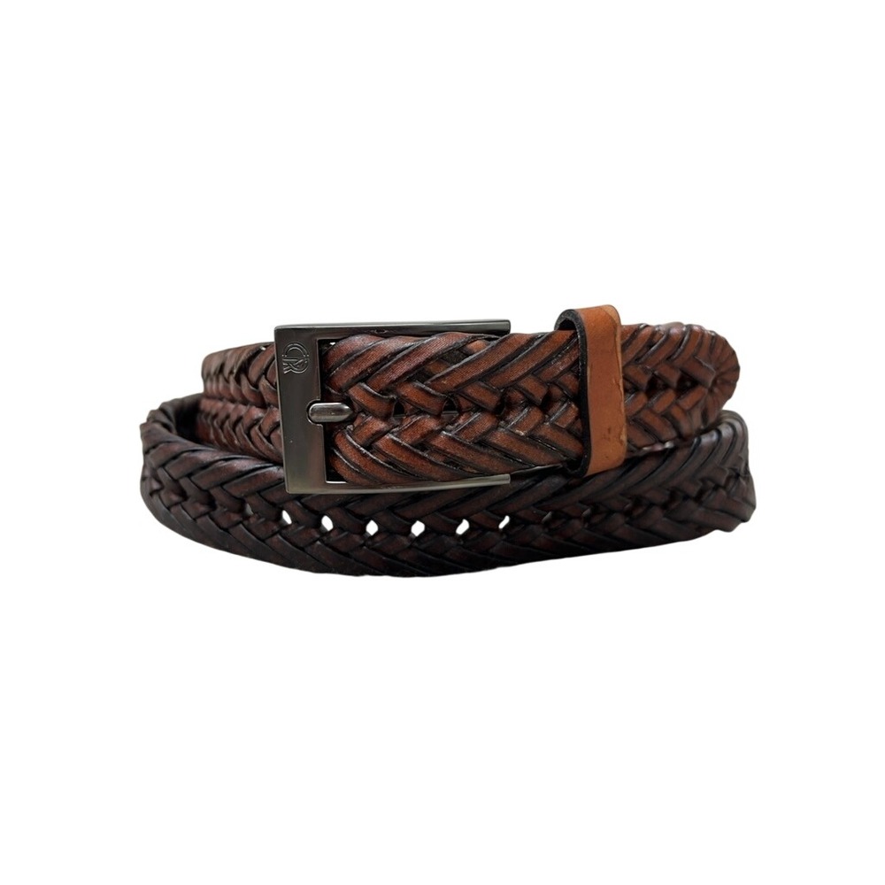 Club Room Mens Brown Woven Braided Leather Belt Gunmetal Buckle Size XL 49 Inch